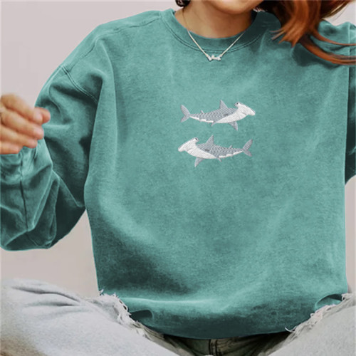 Shark Print Round Neck Long Sleeve Casual Sweatshirt