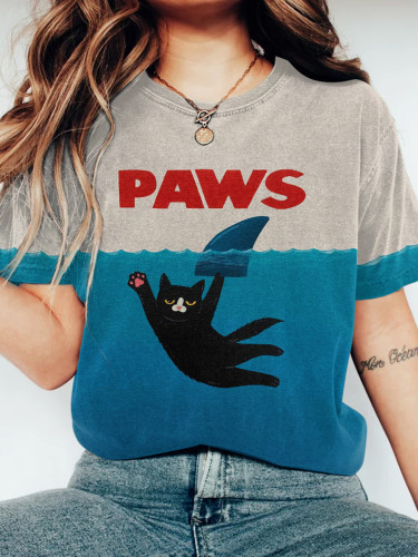 Paws Shark Cat Print Crew Neck Short Sleeve T-Shirt