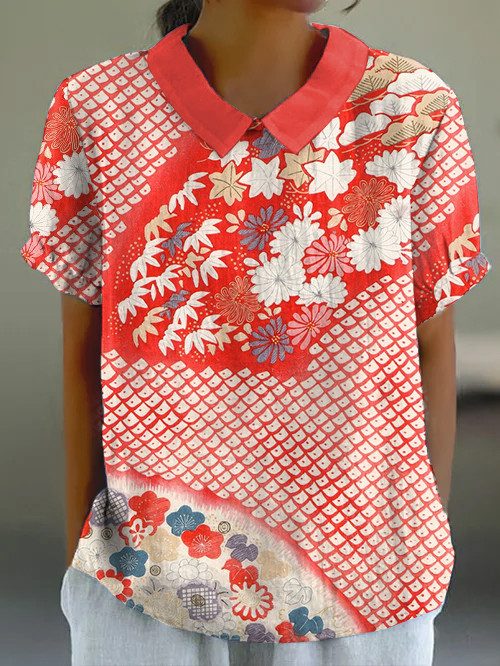 Women's Japanese Art Floral Print Short Sleeve Top