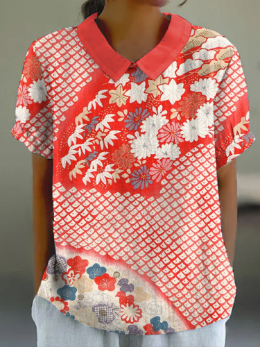 Women's Japanese Art Floral Print Short Sleeve Top