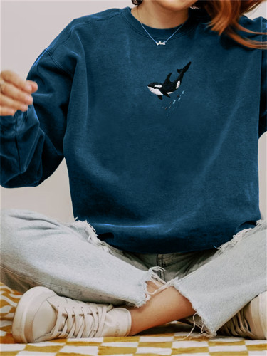 Killer Whale Embroidered Vintage Washed Sweatshirt