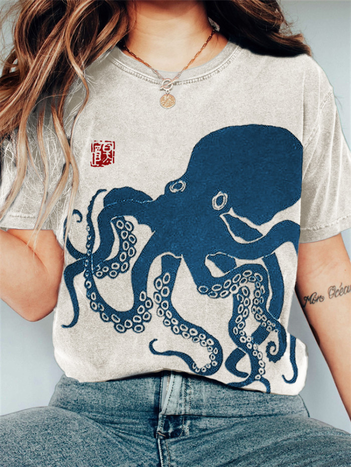 Octopus Japanese Lino Art Vintage T Shirt
