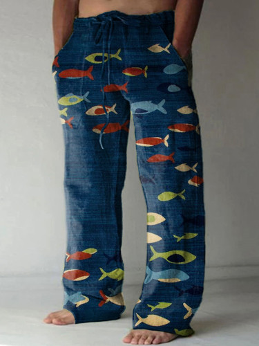 Colorful Fish Print Linen Blend Casual Pants