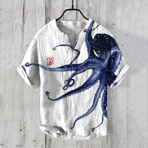 Japanese Octopus Art Print V-Neck Short Sleeved Shirt