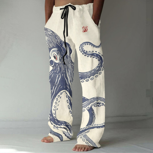 Casual Painting Art Octopus Print Linen Blend Pants