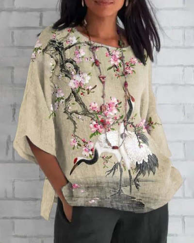 Cranes Plum Blossom Branch Print Cotton Linen 3/4 Sleeve Shirt