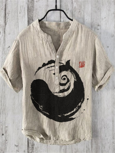 Whale Breach Japanese Brush Art Linen Blend Shirt