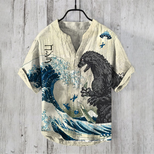 The Great Waves And Godzilla Japanese Art Print Henry Collar Shirt