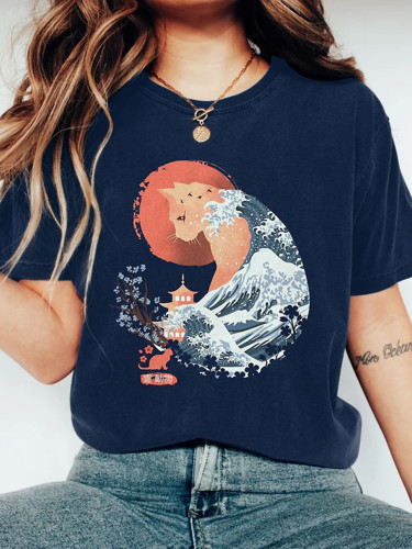 Wave Cat Art Print Crew Neck T-Shirt