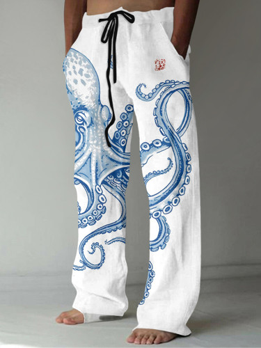 Vintage Japanese Art Octopus Print Casual Linen Blend Pants