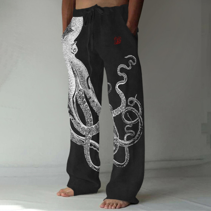 Japanese Art Octopus And Crab Print Casual Linen Blend Pants