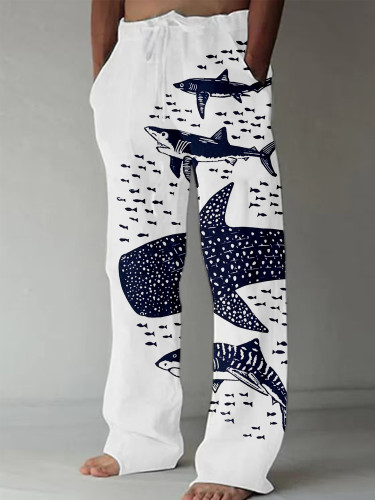 Shark Circle Lino Art Linen Blend Casual Pants