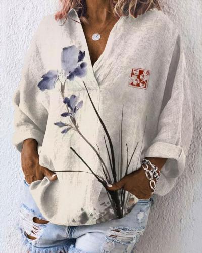 V-neck Loose Long-sleeved Ink Purple Orchid and Linen Blouse