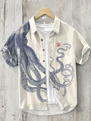 Japanese Art Octopus And Crab Print Casual Linen Blend Shirt