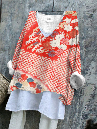 Japanese Art Flower Print V-neck Long-sleeved Top