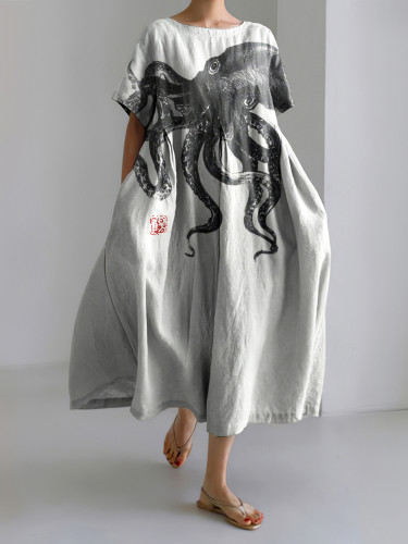 Japanese Art Octopus Print Casual Linen Blend Maxi Dress
