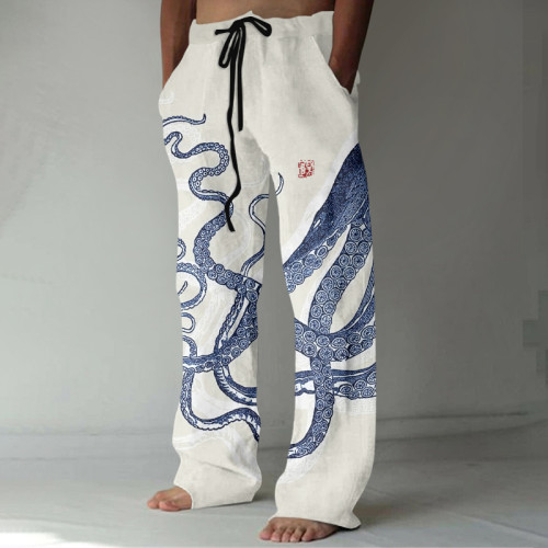 Japanese Art Octopus Graphic Linen Blend Casual Pants