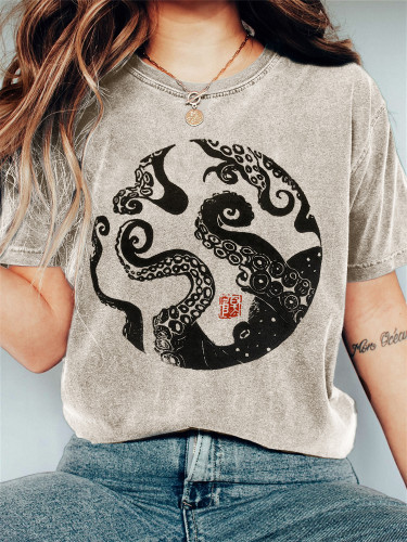 Octopus Japanese Lino Art Vintage Washed T Shirt