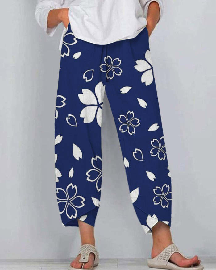 Japanese Art White Flowers Casual Pants