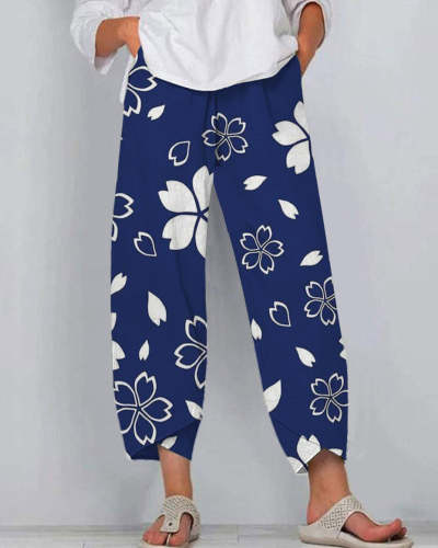 Japanese Art White Flowers Casual Pants