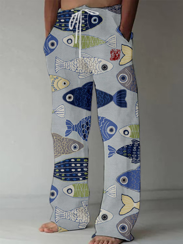 Vintage Fish Japanese Art Linen Blend Casual Pants