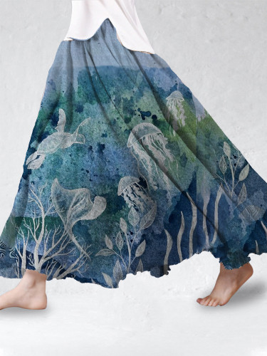 Tie Dye Ocean Turtle Art  Cotton Linen Flowy Skirt