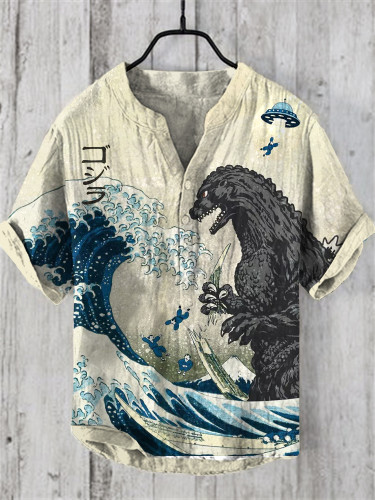 The Great Waves And Godzilla Japanese Art Print Henry Collar Shirt