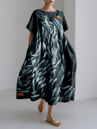 Shoal of Fish Pattern Linen Blend Cozy Maxi Dress