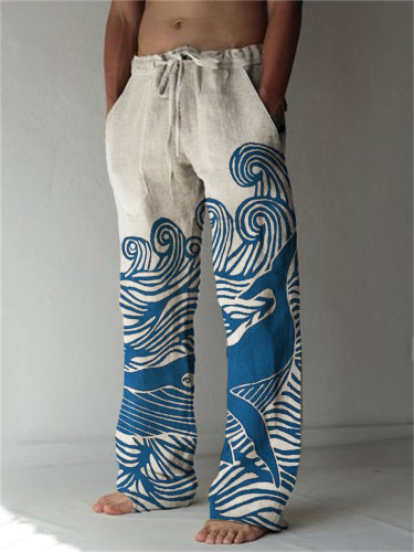 Whale Sea Waves Japanese Lino Art Linen Blend Pants