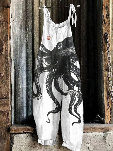 Vintage  Japanese Art Octopus Linen Blend Loose Casual Jumpsuit