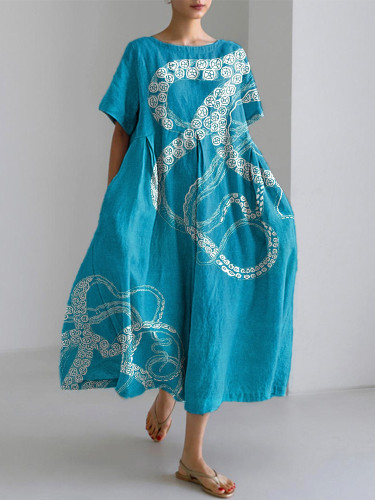 Vintage Octopus Print Linen Blend Dress