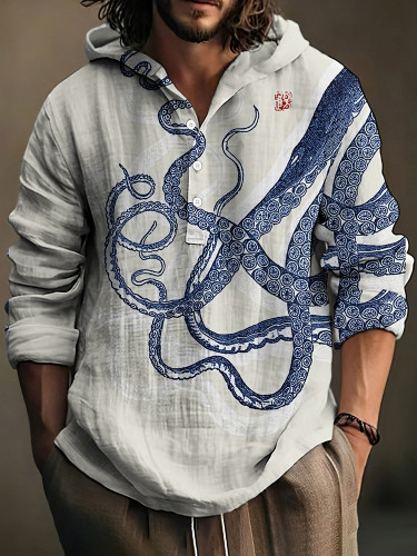 Octopus Japanese Art Graphic Linen Hooded Shirt