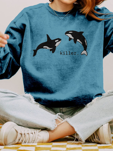 Killer Whale Embroidered Crew Neck Washed Sweatshirt
