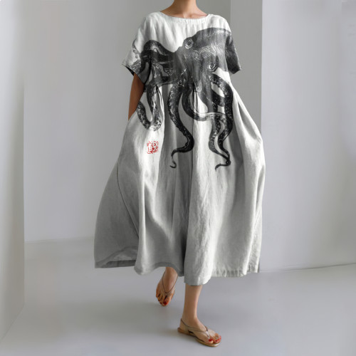 Japanese Art Octopus Print Casual Linen Blend Maxi Dress