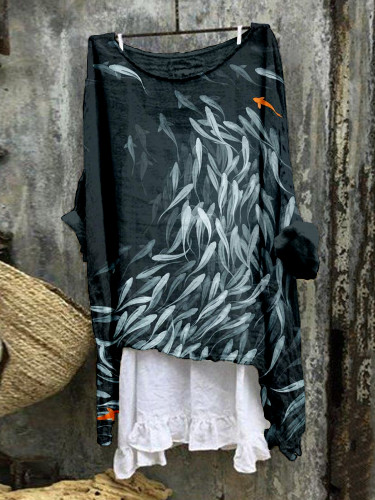 Shoal of Fish Pattern Linen Blend Flowy Tunic
