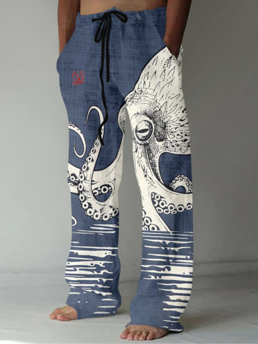 Casual Japanese Art Vintage Octopus Graphic Sea World Linen Blend Pants