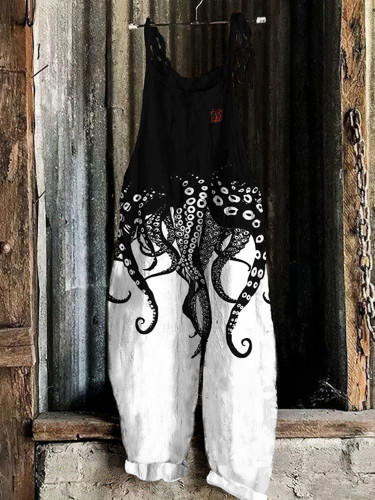 Vintage Japanese Art Octopus Legs Print Casual Linen Blend Loose Jumpsuit