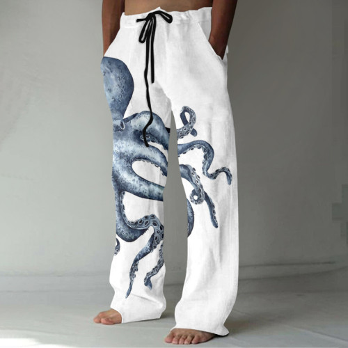 Octopus Japanese Retro Art Linen Blend Casual Pants