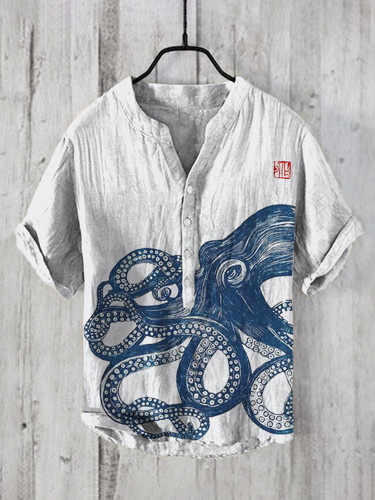 Men's Japanese Art Octopus Button Cotton Linen Shirt