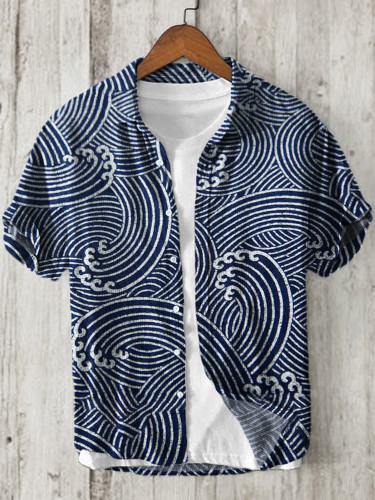 Sea Waves Japanese Lino Pattern Linen Blend Shirt