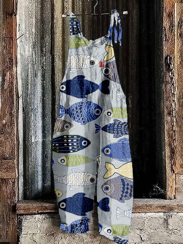 Vintage Fish Japanese Art Linen Blend Comfy Jumpsuit