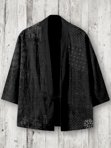 Japanese Traditional Sashiko Art Linen Blend Kimono Cardigan