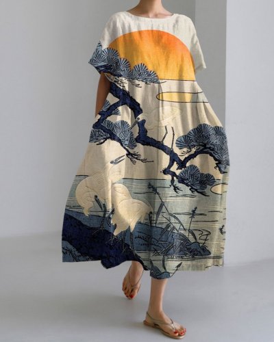 Japanese Art Pine Trees Lake Short Sleeve Midi Dress