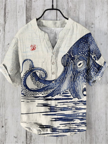 Japanese Art Sea World Vintage Octopus Graphic Painting Art Linen V-Neck Shirt