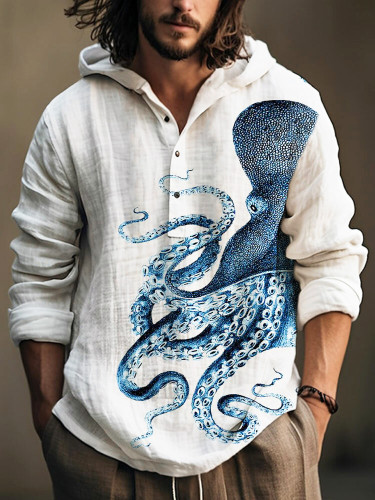 Octopus Ocean Art Linen Hooded Long Sleeve Shirt