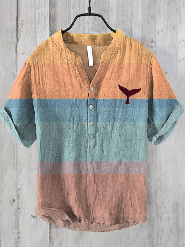 Whale Tail Print Linen Blend Casual Shirt