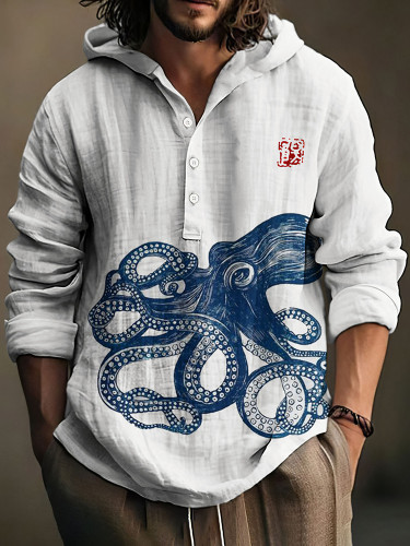 Japanese Art Octopus Printed Button Linen Blend Casual Hoodie