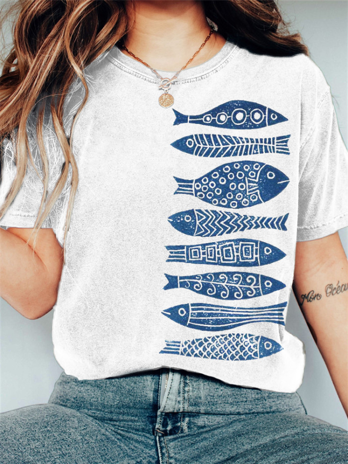 Fish Japanese Lino Art Vintage Washed T Shirt