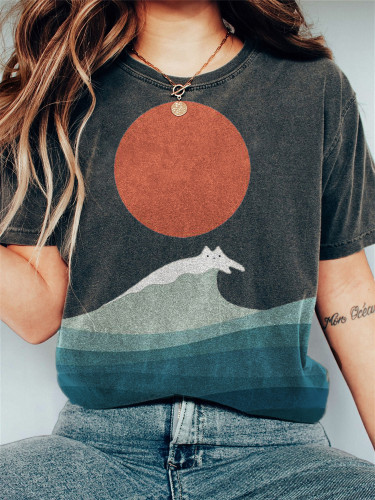 Cat Sea Wave Sunrise Japanese Art Vintage T Shirt