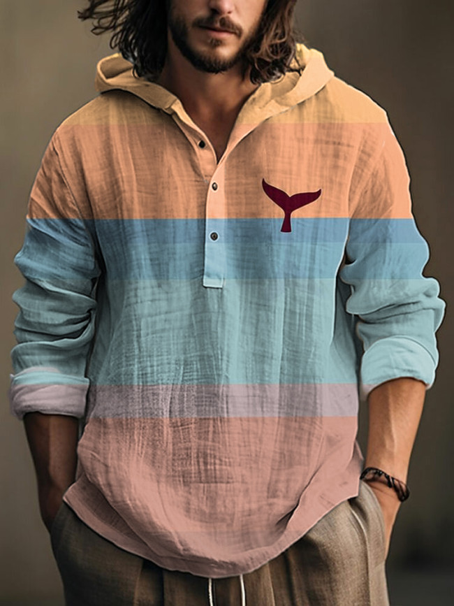 Whale Tail Art Print Linen Blend Casual Hooded Shirt